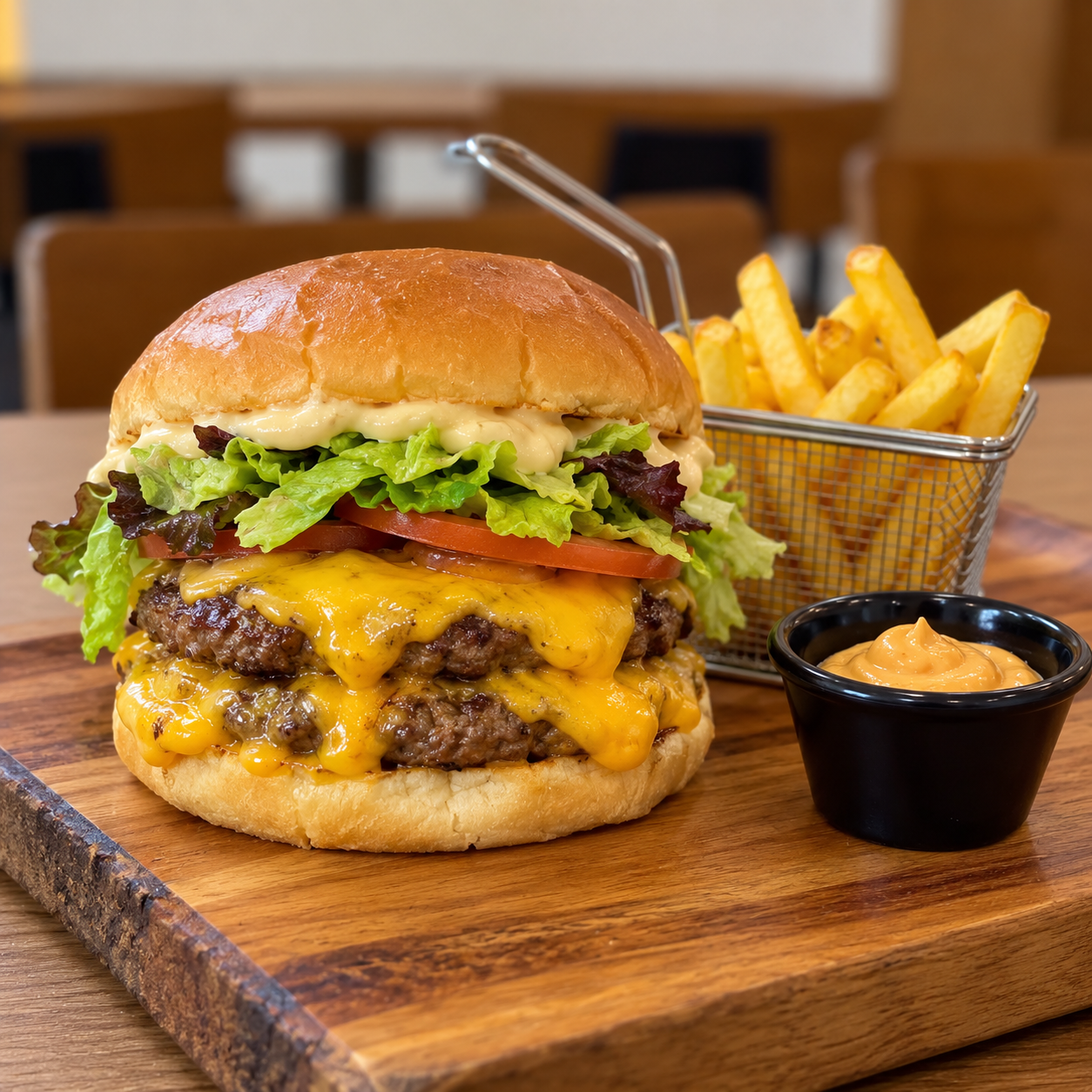 Hamburguesa doble con queso, ensalada y patatas
