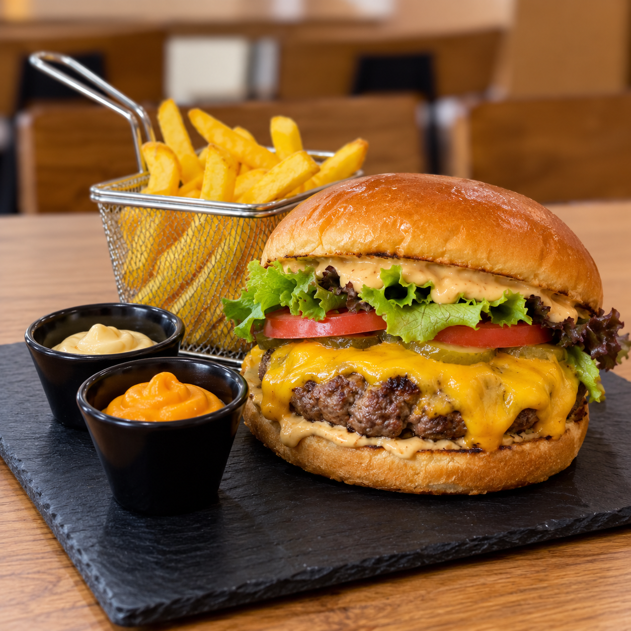 Hamburguesa La Isla con patatas y salsas