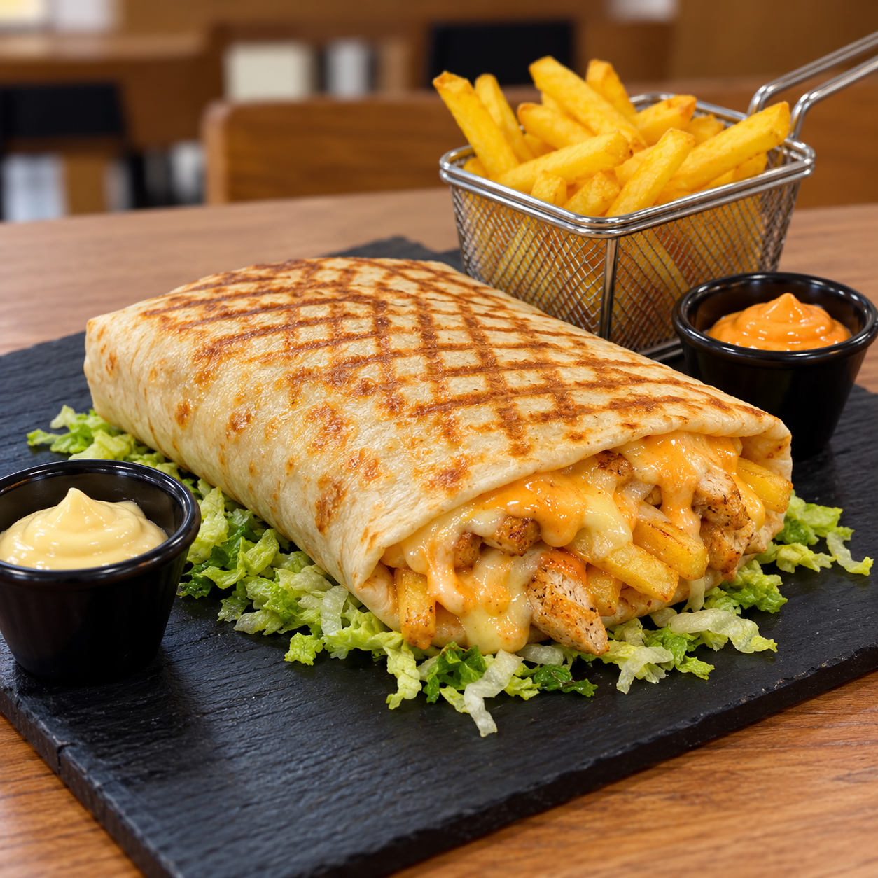 Wrap de pollo con queso, patatas y salsa
