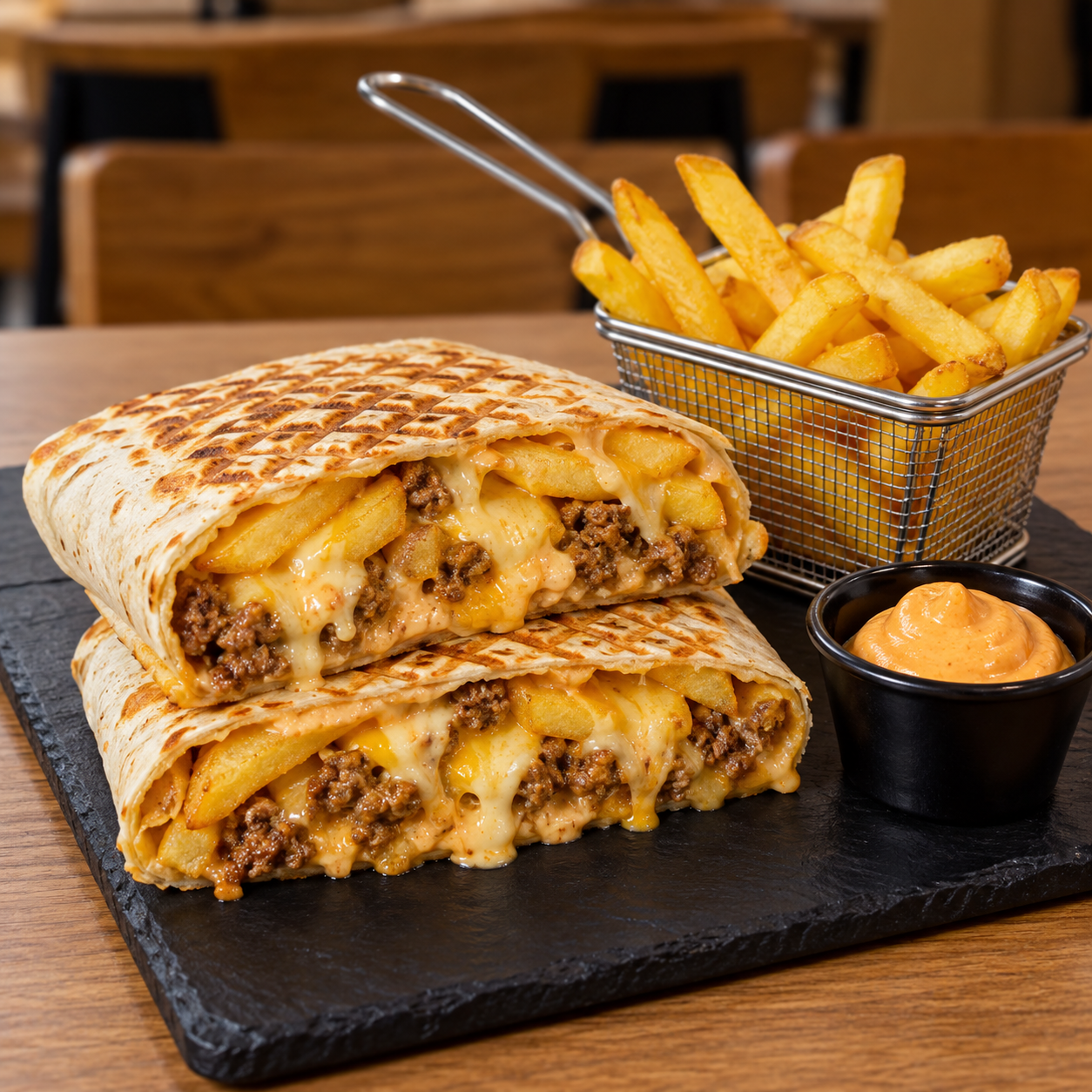 Wrap de carne con patatas y queso