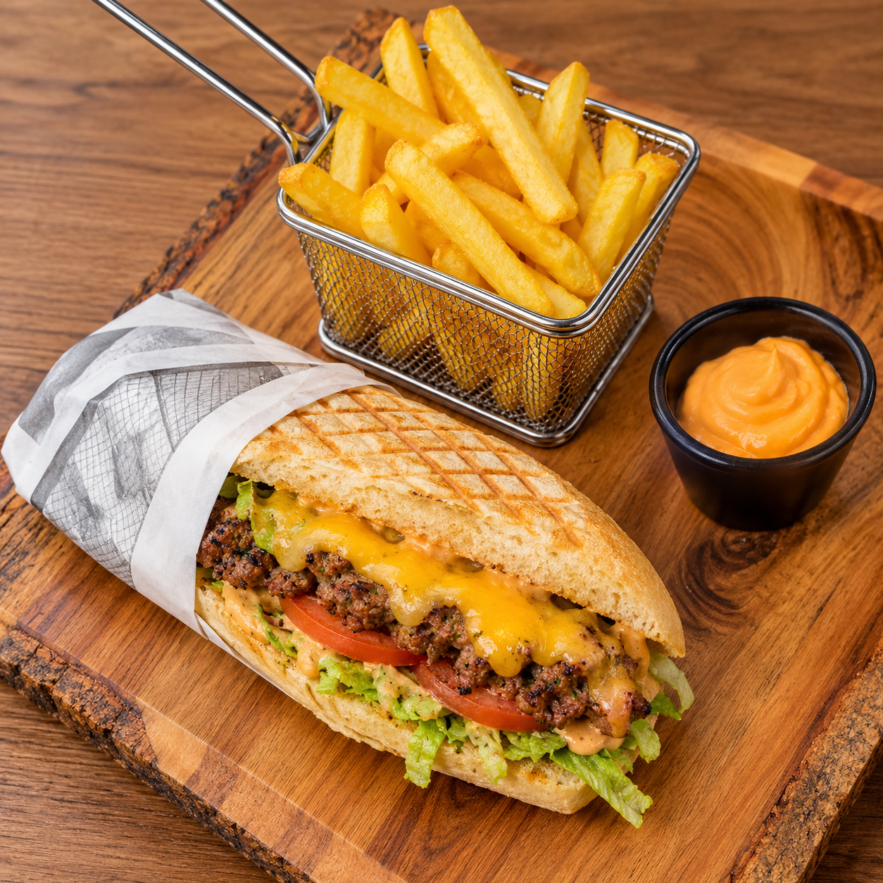 Bocadillo de carne con patatas y salsa