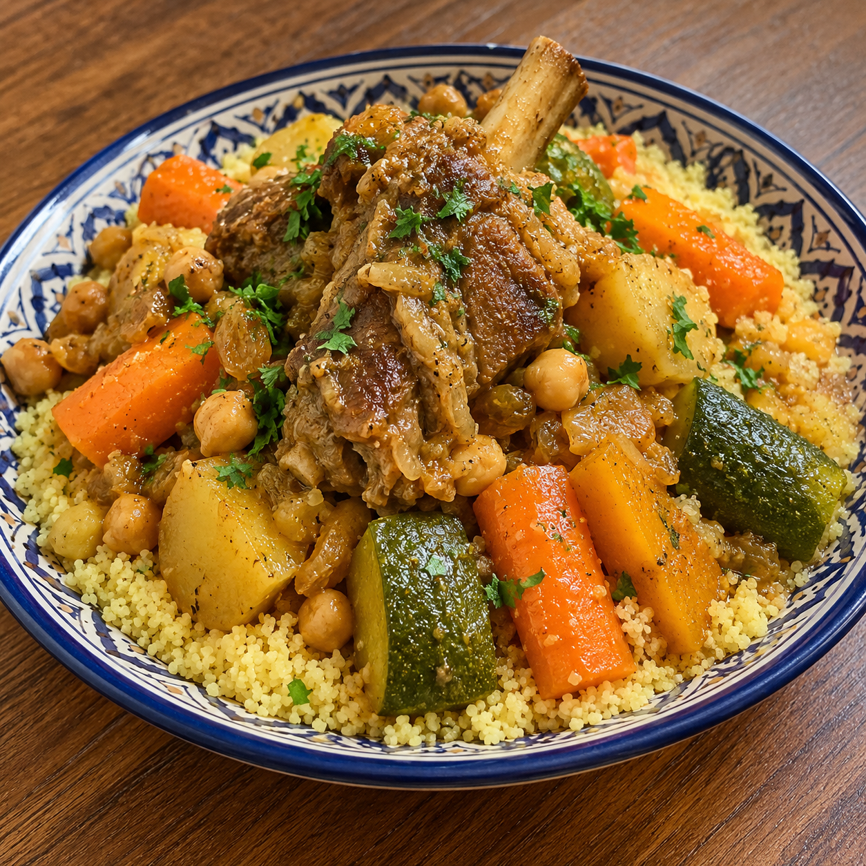 Plato de cordero con verduras y cuscús