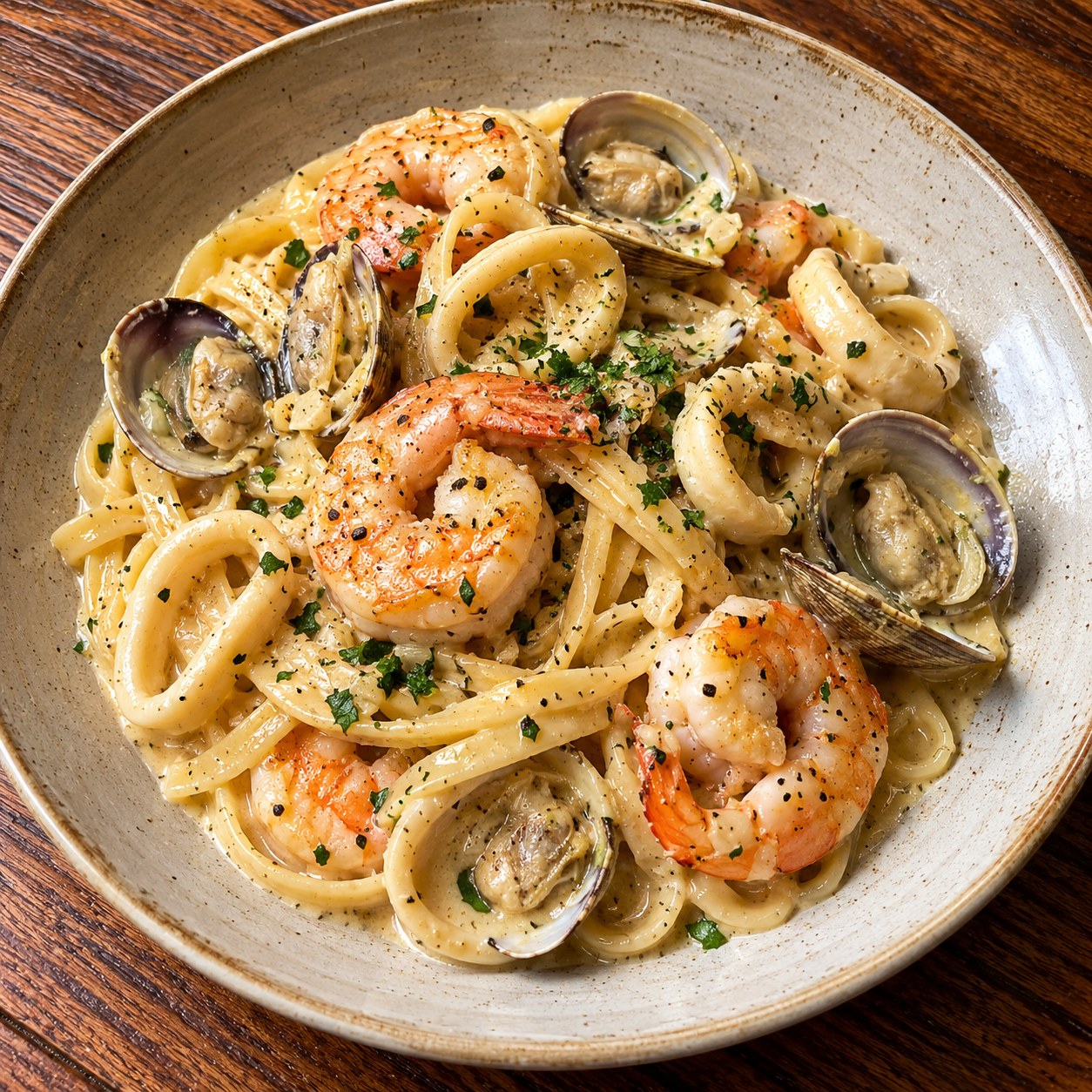 Pasta marinera con gambas y almejas