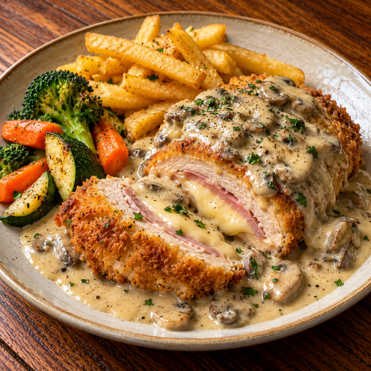 Pollo crujiente con salsa de champiñones y verduras