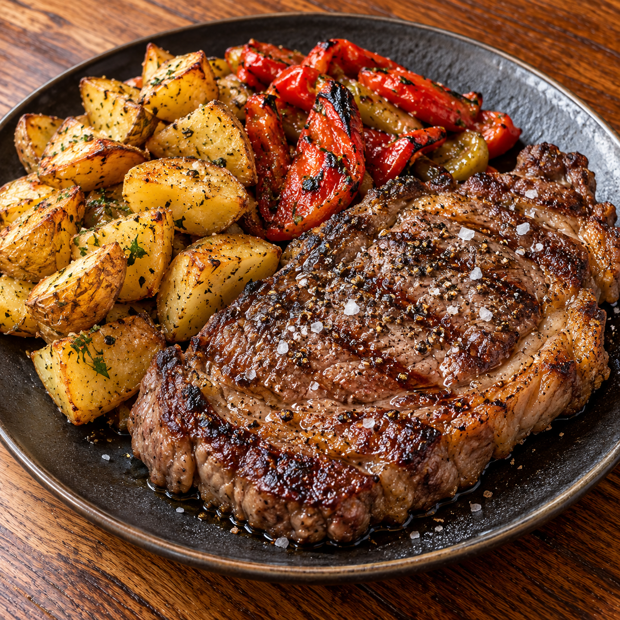 Entrecot a la parrilla con patatas y pimientos