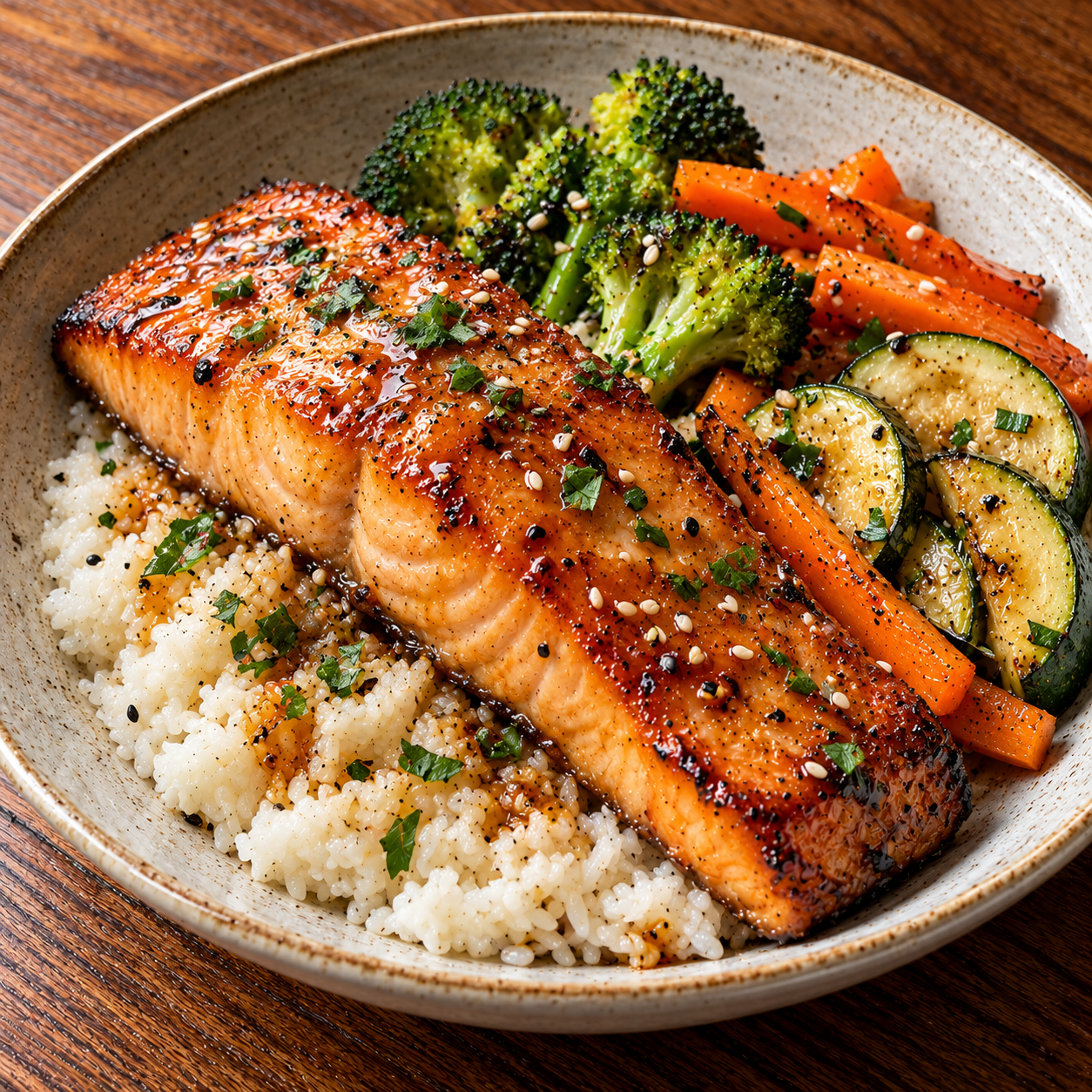Salmón con arroz y verduras